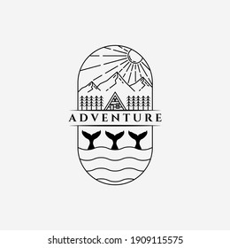 adventure cottage mountain ocean line art logo vector illustration design