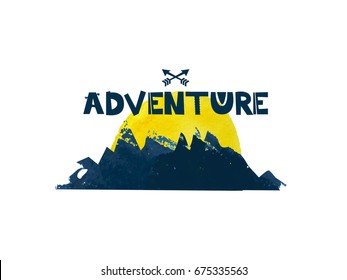 Adventure. Cute lettering text. Watercolor silhouette of the mountains. Vector illustration