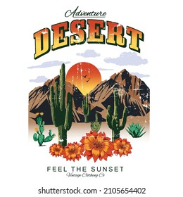 Adventure Desert Vibes Mountain View Slogan t-shirts Vector Print Design, feel the sunset, Western desert vector design, Arizona desert vibes retro design.. Vintage denim clothing.