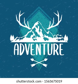 Adventure Design Mountain. Wanderlust Hipster Style. Vector Expedition Banner. Geometry Composition Forest.