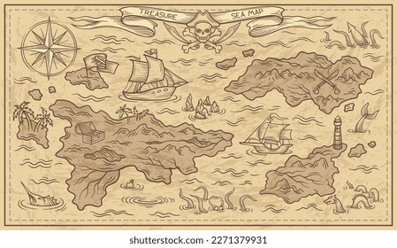 Diseño aventurero del viejo mapa del tesoro. Parque con islas del Caribe, barcos piratas, arca de oro enterrada, monstruo del mar y brújula. Desplazamiento antiguo con plan y ruta. Dibujo vectorial plano de dibujos animados