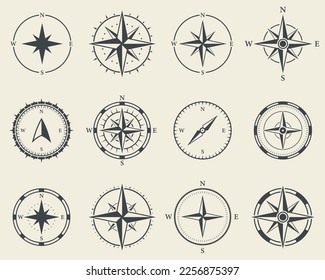 Adventure Direction Arrow to North South West East Orientation Navigator Modern Pictogram. Compass Map Silhouette Icon Set. Rose Wind Navigation Retro Equipment Sign. Isolated Vector Illustration.