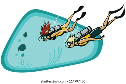 Adventure Diving. A man and woman scuba diving looking at fish. EPS8-file, fully editable and all labeled in layers so divers can be used without the background.