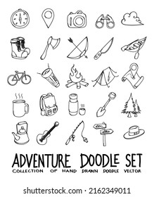 Adventure Doodle vector icon set. Drawing sketch illustration hand drawn line.