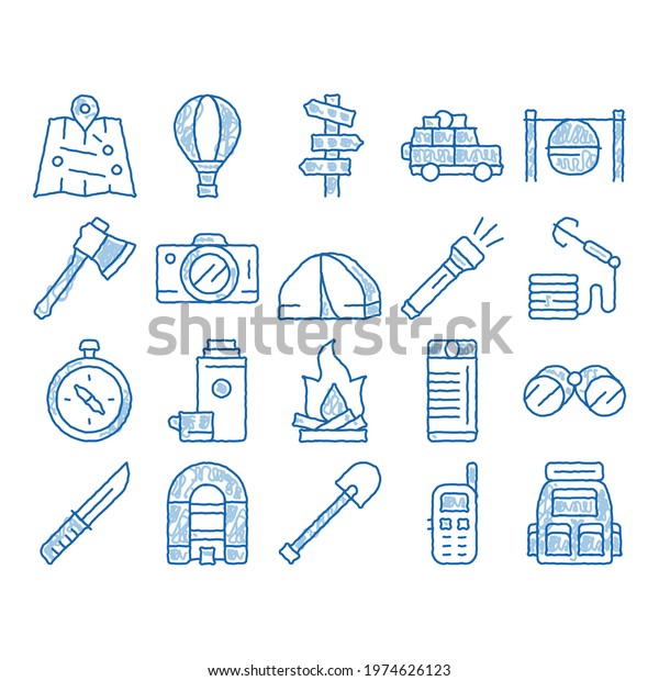 Adventure Elements sketch\
icon vector. Hand drawn blue doodle line art Binocular And Camera,\
Map And Boat, Ax And Knife, Camping Fire And Car Adventure\
Illustrations