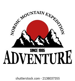 Adventure. Emblem with mountain. Design element for logo, emblem, sign, poster, t shirt. Vector illustration