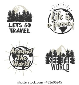 Adventure emblems with different travel design elements: map of Earth, mountains, trees silhouettes, retro sun rays. Around the world, life is a journey, let's go travel, see the world.
