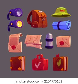 Adventure equipment for travel, explore and treasure hunt. Vector cartoon icons set of hiking tools, backpack, flashlight, hat, mat, thermos, envelope with letter and tourist diary