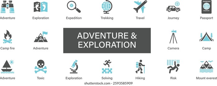 Adventure and Exploration icon set collection. Expedition, trekking, travel, journey, passport, camp fire, adventure, camera, risk and best solid icon set.