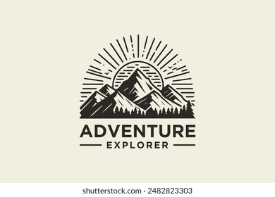 Ilustración de diseño de logotipo clásico de aventura y explorador.	