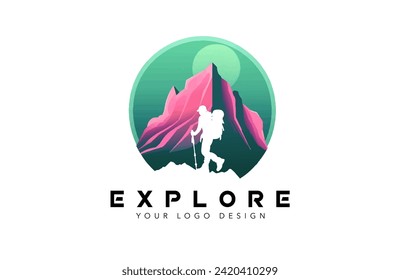 Concepto de diseño de logotipos de aventura y exploración, diseño de logotipos de senderismo con imágenes vectoriales de cumbres de montaña.