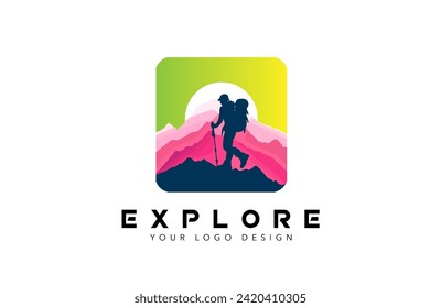 Adventure and Exploring Logo Design Concept, Hiker hiking logo design with mountain peaks Vector Illustration.