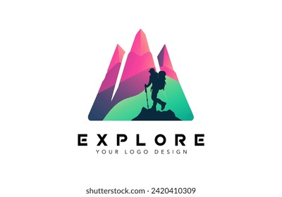 Adventure and Exploring Logo Design Concept, Hiker hiking logo design with mountain peaks Vector Illustration.