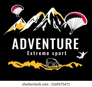 Adventure. Extreme sport. Paragliders jump from a paraglider to the mountains. Rocks. Vector stock illustration. Black background