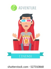 Adventure film concept. Excited man seating in comfortable chair with popcorn in cinema flat vector isolated on white. Cinemaddict on film premiere. Entertainment on 3D attraction. For movie promotion