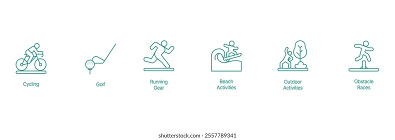 Adventure and Fitness Icon Set - Vector Illustrations for Cycling, Golf, Running Gear, Beach Activities, Outdoor Adventures, and Obstacle Races