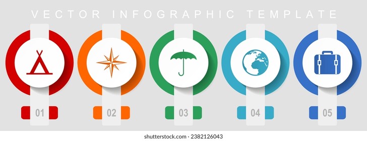 Adventure flat design icon set, miscellaneous icons such as tent, navigation, umbrella, globe and case, vector infographic template, web buttons collection