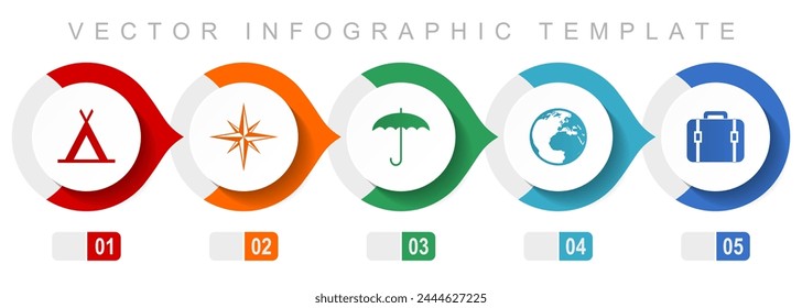 Adventure flat design infographic template, miscellaneous symbols such as tent, navigation, umbrella, globe and case, vector icons collection