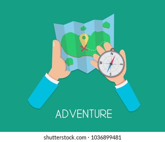 Adventure. Flat Hand Holding Map And Compass