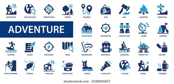 Adventure flat icons set. Lifestyle, hike, risk, diving, running, jumping icons and more signs. Flat icon collection.