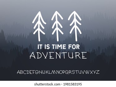 Adventure Font With Pine Icons And Moody Forest Background With Mist