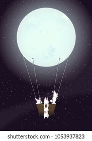 Adventure Of Four White Rabbits On The Space With Moon Balloon Art - Vector