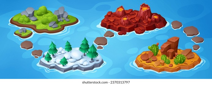 Mapa de nivel ui de juego de aventura con isla en fondo de vector océano. Tierra volcánica, bosque en plataforma de nieve, desierto con cactus y piedra en la fantasía de pasto tablero de viaje para la expedición 2d ilustración