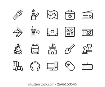 Adventure Game Vector Icon Set | Adjustable Line Weight | Map, flashlight, backpack, treasure, puzzle, shovel, fire, camera, radio, castle, knife, keyboard, headset icons