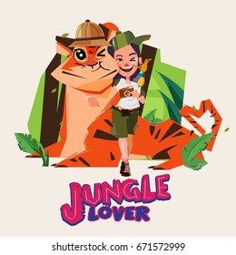 adventure girl huge a big tiger. character design. jungle lover. Naturalist and explorer girl - vector illustration