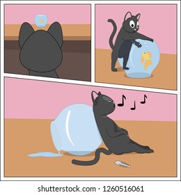 Adventure of a gray cat and a goldfish. The cat hunts a goldfish that swims in an aquarium.