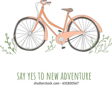 Adventure greeting card. Vintage bicycle. Hand drawn vector illustration in sketch style.
