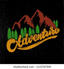 Adventure. Hand drawn lettering with mountains and forest. Design element for poster, print, card, emblem, sign. Vector imagev