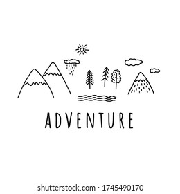 Adventure. Hand drawn simple vector illustration. Mountains, river, forest, clouds, sun.