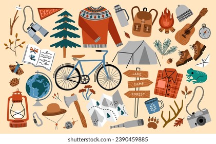 Adventure hand drawn vector illustration. Adventurecore aesthetic icon set. Camping clipart collection