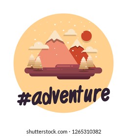 Adventure Hashtag with Mountains With Trees Clouds and Sun Vector Flat Illustration