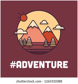 Adventure Hashtag with Mountains With Trees Clouds and Sun Vector Flat Illustration