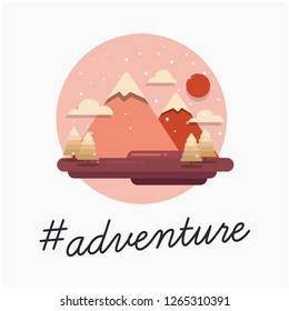 Adventure Hashtag with Mountains With Trees Clouds and Sun Vector Flat Illustration