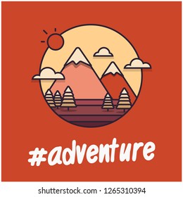Adventure Hashtag with Mountains With Trees Clouds and Sun Vector Flat Illustration