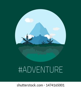 Adventure Hashtag with Mountains With Trees Clouds and tall palm trees Vector Flat Illustration 