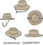 Adventure hat from many angles, sun protection camping outdoors activities hat casual outdoors sun protection taveler hand drawn isolated doodle vector illustration nature bucket hat hiking sports
