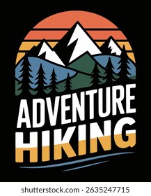 Adventure hiking graphic with mountains trees and sunset illustration for outdoors