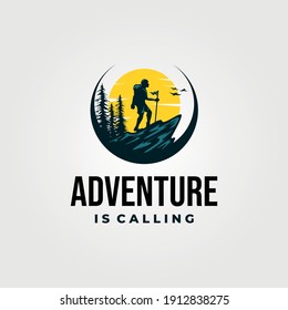 adventure hiking logo vector vintage with sunset illustration design