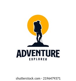 adventure hiking logo vector vintage with sunset logo design template