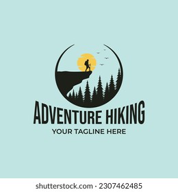 adventure hiking logo vector vintage with sunset illustration design