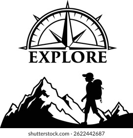 Adventure Hiking Silhouette with Compass and Explore Text
