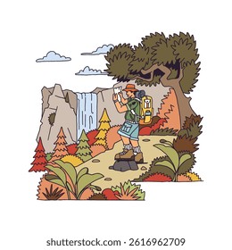 Adventure hiking spring waterfall forest nature national park iIllustration. Outdoor apparel design supply gear