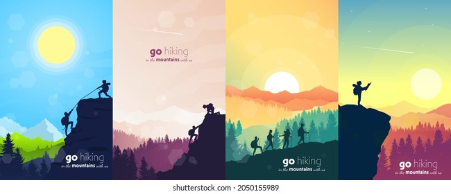 Adventure. Hiking tourism. Travel concept of discovering, exploring, and observing nature. Minimalist graphic flyers. Polygonal flat design for coupons, vouchers, gift cards. Vector illustrations set.