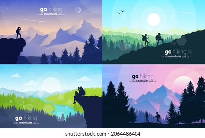 Adventure. Hiking tourism. Travel concept of discovering, exploring, and observing nature. Minimalist graphic flyers. Polygonal flat design for coupons, vouchers, gift cards. Vector illustrations set.