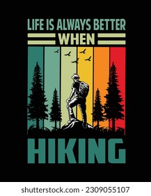 Adventure Hiking t-shirt design, retro vintage, forest, camping, typography, hiking coffee, hill, 