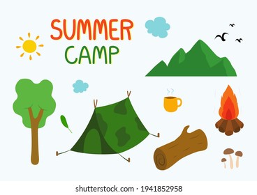 Adventure holiday and camping elements on blue background. Summer camp concept, tree, sun, cloud, mushrooms, coffee, timber, bonfire and mountain. Vector illustration.